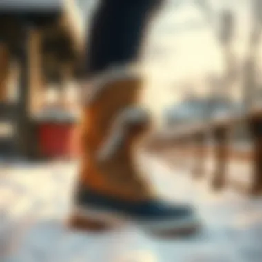 Fashionable snow boots in winter outdoor setting