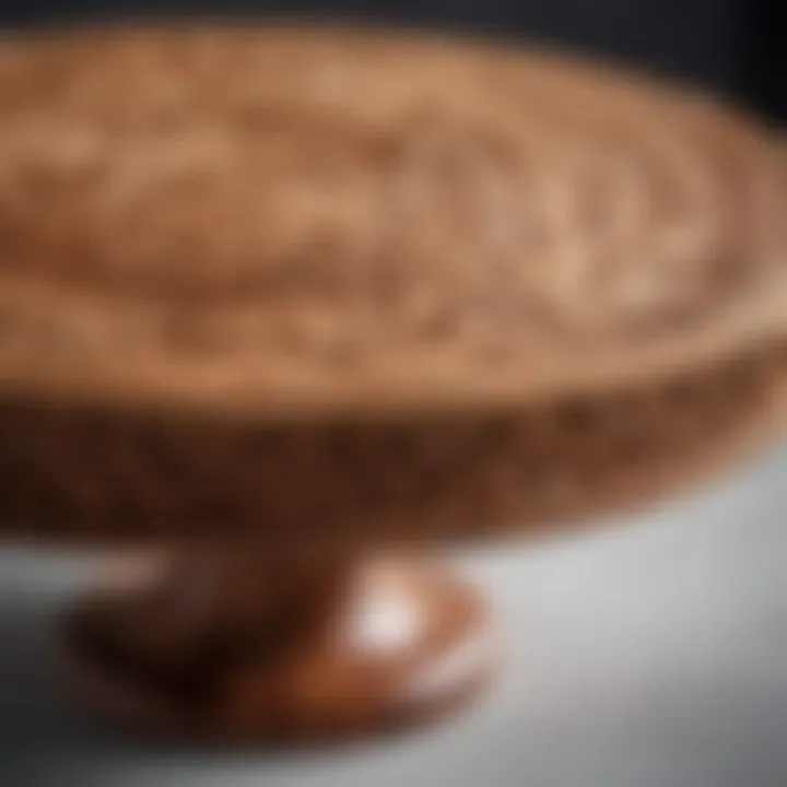 Close-up of the intricate grain patterns of acacia wood on the cake stand.