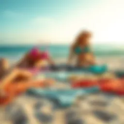 A diverse range of thong bikini styles laid out on a sandy beach