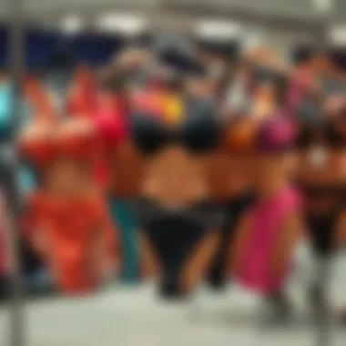 A selection of thong bikinis tailored for various body types displayed on hangers