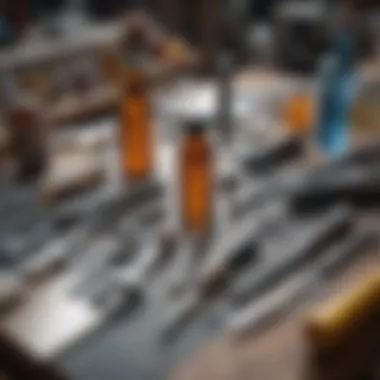 An array of various bottle cutting tools displayed on a workbench