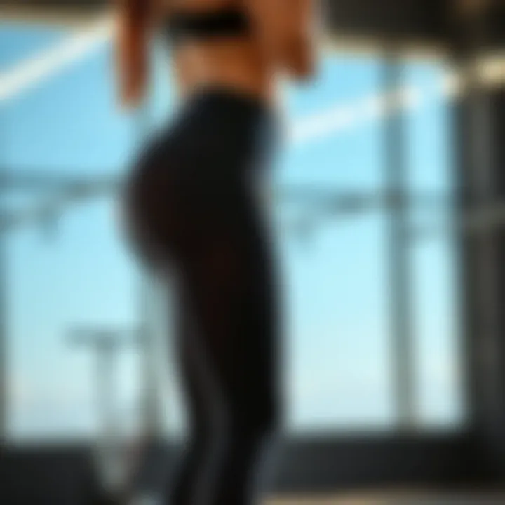 Side view of a model wearing criss cross mesh leggings in an athletic setting