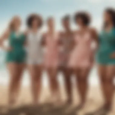 Group of diverse individuals enjoying the beach in stylish swim dresses