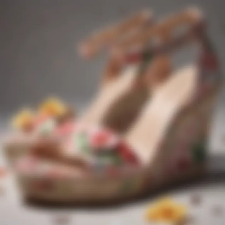 Close-up view of the materials used in floral print wedge sandals highlighting comfort and style