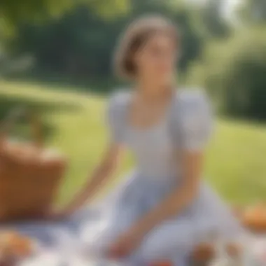 Stylish woman wearing a milkmaid dress at a summer picnic