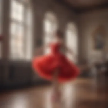 An artistic representation of a red tutu in motion, capturing the dynamic elegance and playful nature of the garment.