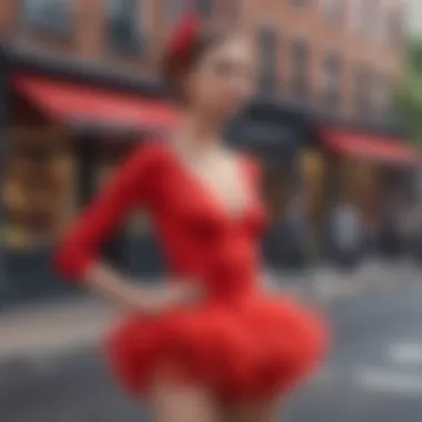 A vibrant street style look featuring a red tutu paired with modern accessories, demonstrating contemporary fashion trends.