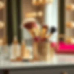 Elegant gold makeup brush holder displayed on a vanity