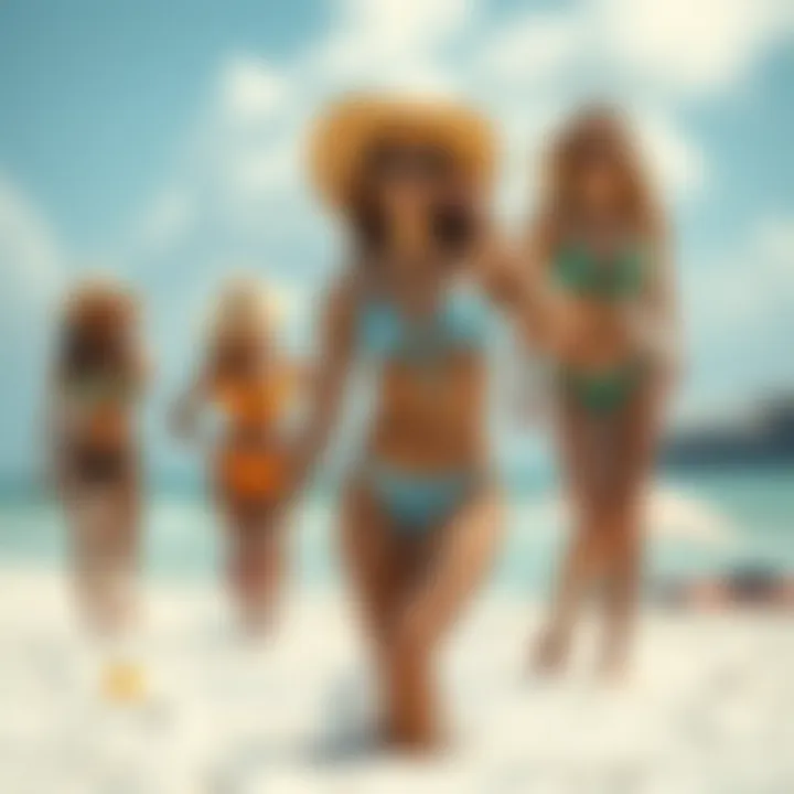 A chic beach scene featuring models wearing high-waisted drawstring bikinis