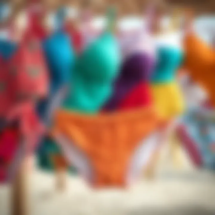 An array of high-waisted drawstring bikinis in various colors and patterns