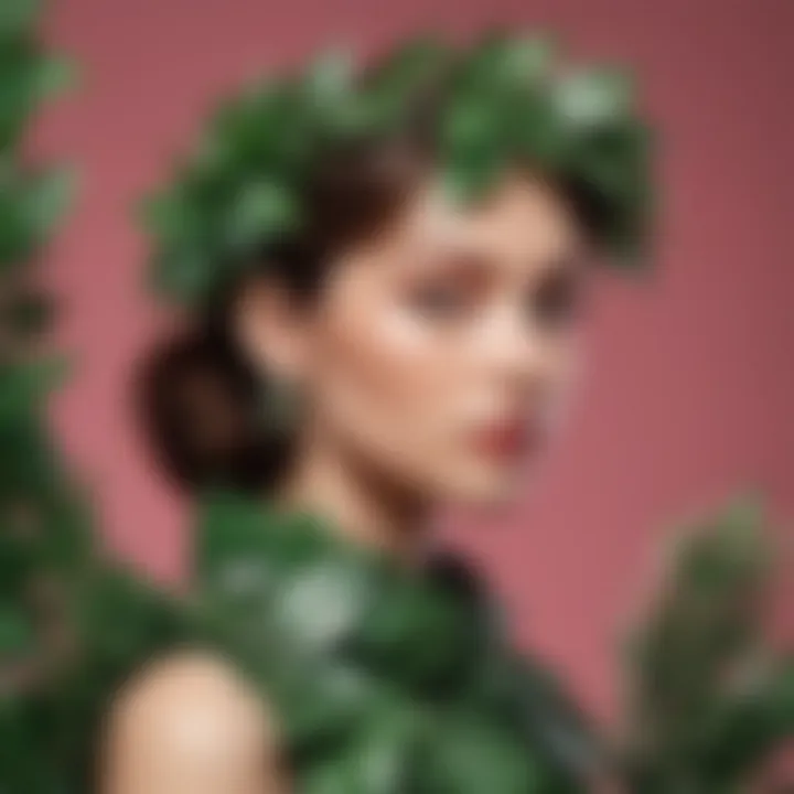 A model elegantly adorned with accessories made from plastic foliage, illustrating modern styling.