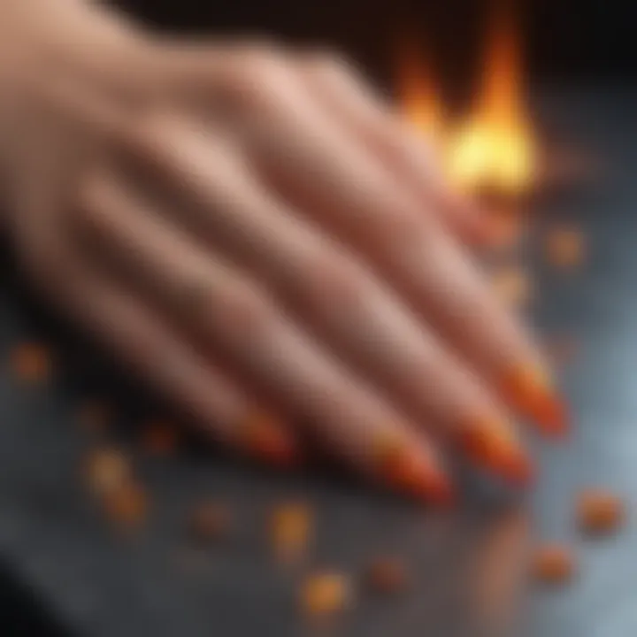 Close-up of flame press-on nails in a fashionable setting