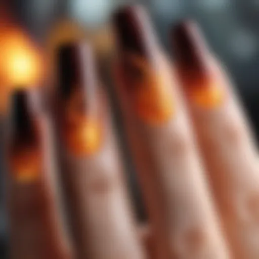 Vibrant flame-themed press-on nails showcasing intricate designs