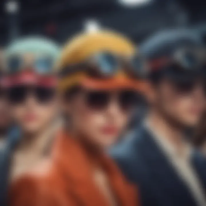 Colorful hats with goggles displayed at a fashion exhibition