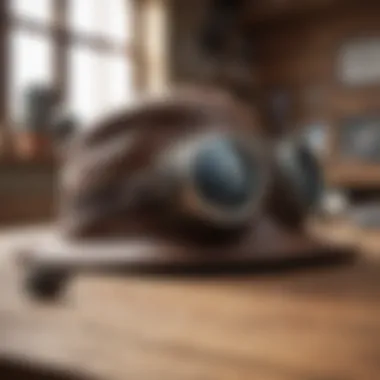 A vintage-style hat with aviator goggles resting on a wooden table