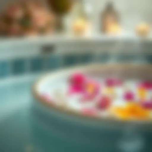 A close-up view of a luxurious nail soak bowl filled with aromatic oils and flowers.