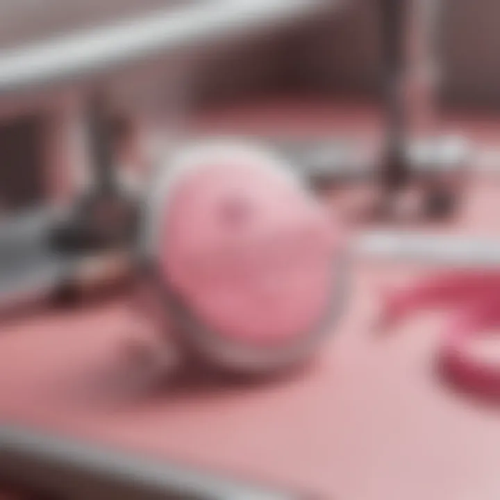 Close-up of a pink badge reel in a creative workspace