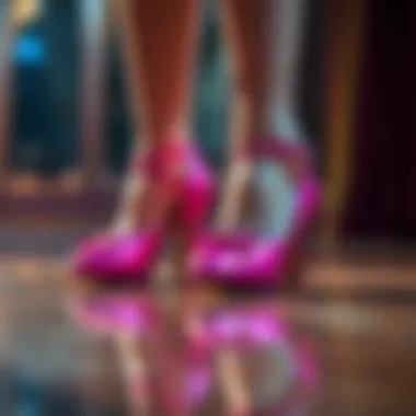 Elegant pink Latin dance shoes showcased on a polished floor