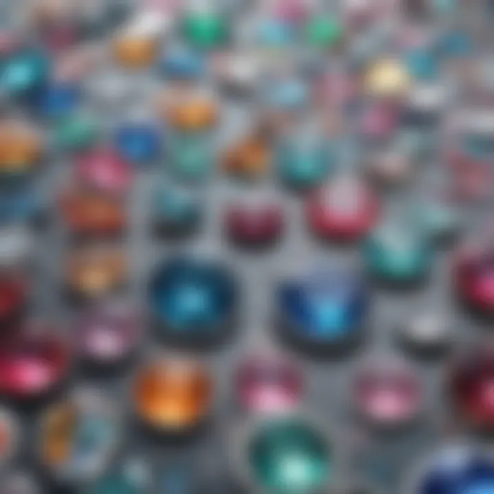 A close-up view of an array of colorful rhinestone stickers showcasing their variety