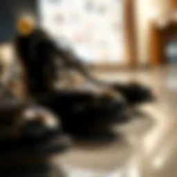 Close-up of glossy black dress shoes reflecting light