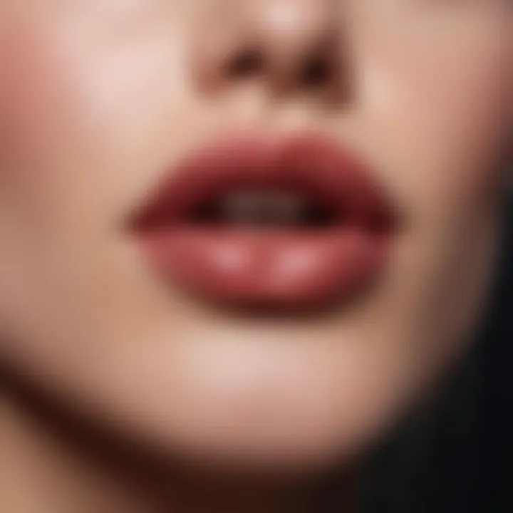 Close-up of shimmer matte lipstick application on a model's lips