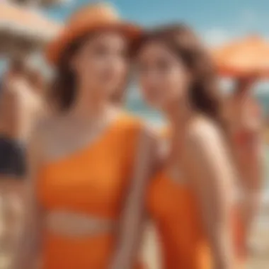 A beach scene featuring individuals wearing orange one shoulder swimsuits