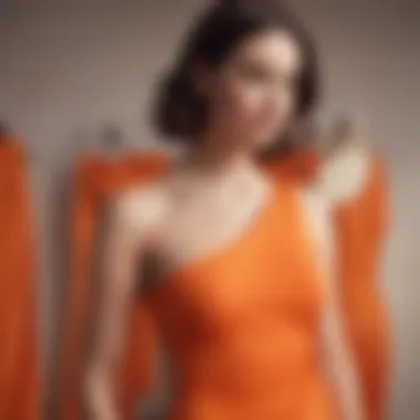 A stunning orange one shoulder swimsuit displayed on a mannequin