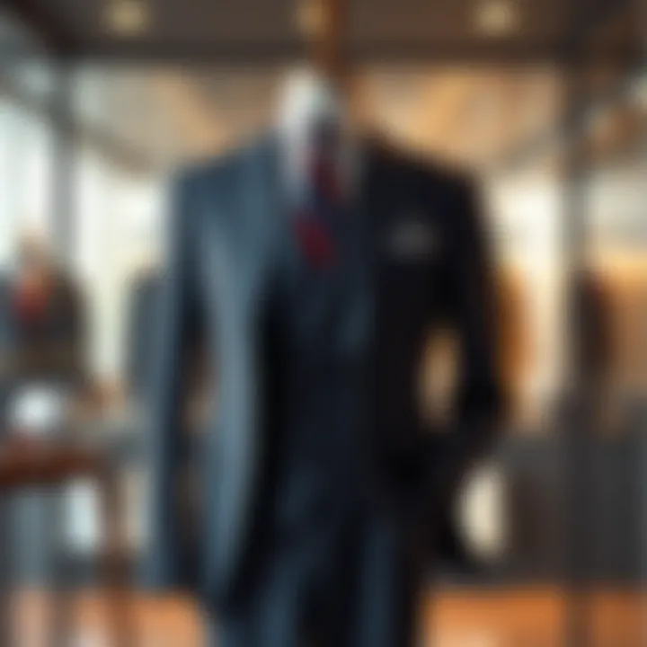 A classic tailored two-piece suit displayed on a mannequin