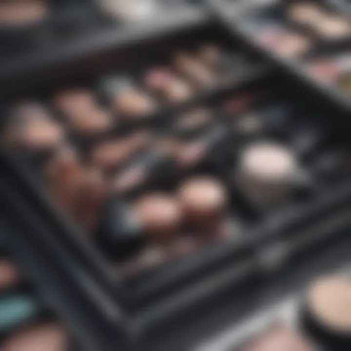 Close-up of makeup items neatly arranged in an organizer