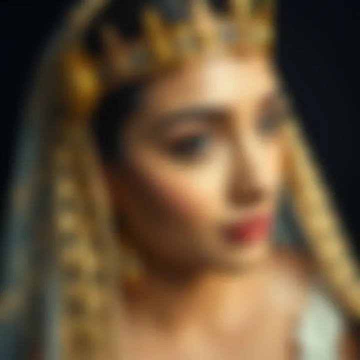 A close-up of a bride wearing a gold crown, showcasing its detailed craftsmanship and beauty.