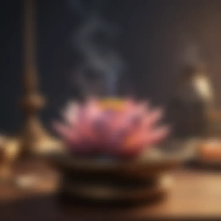 Close-up of a lotus incense holder with incense burning