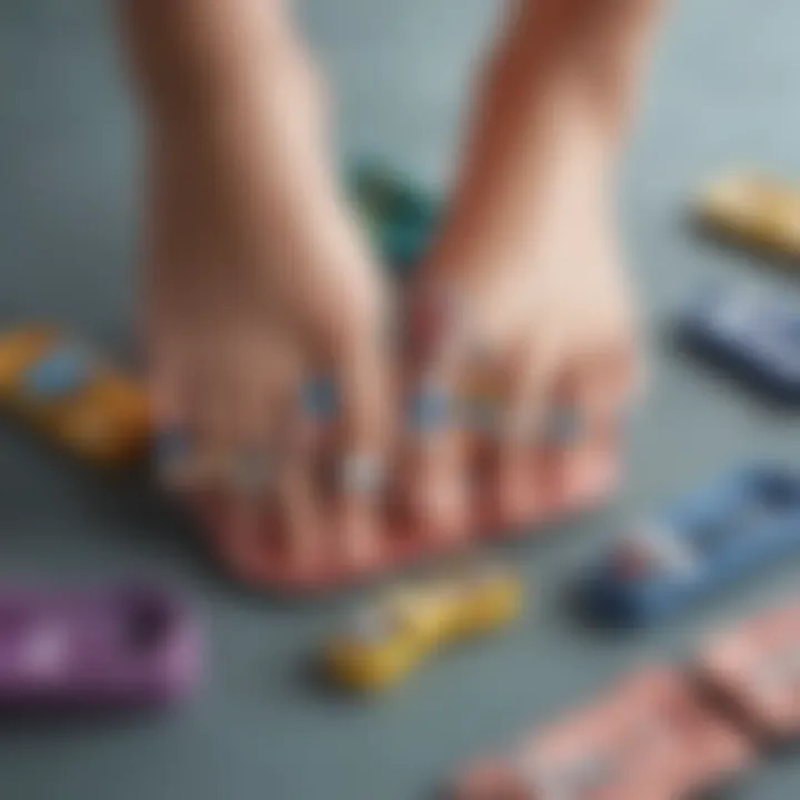 Close-up view of various reusable toe separators showcasing diverse designs and colors