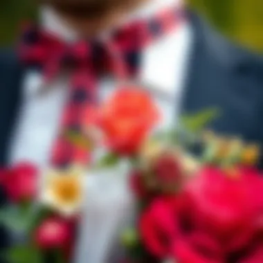 A close-up of a vibrant boutonniere crafted from seasonal flowers