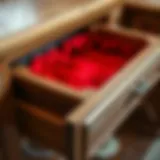 Elegant red drawer liner in a luxurious wooden drawer