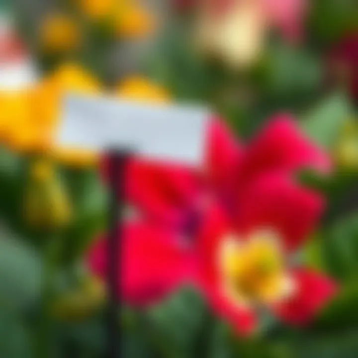 Close-up of a plastic stake labeling a vibrant flower