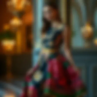 Contemporary Styling of the Baroque Dress A model elegantly displaying the Versace Baroque print dress in a high-fashion setting, emphasizing its contemporary styling.